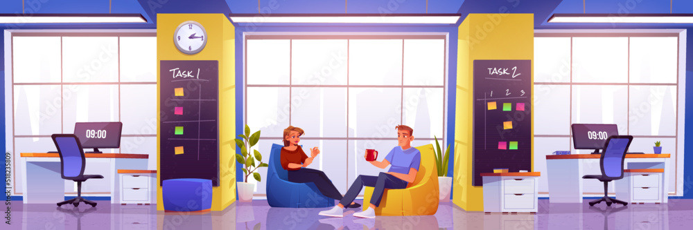 Poster office interior with people rest in lounge area and empty work desks with computer monitors. vector 