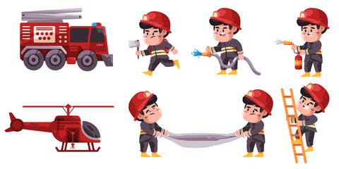 Fire fighter firemen professional occupation career set collection for kids wearing helmet firefighting extinguisher