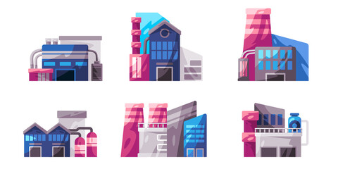 Factory illustration collection set of building colorful company production plant with chimney pipe industrial architecture