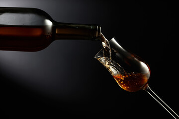 Glass of premium alcohol on a black background.