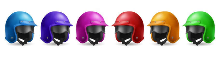 Fototapeta premium Motorcycle helmet for moto race and ride on scooter. Vector realistic set illustrations of 3d retro color helmets with visor and black glasses in angle view isolated on white background