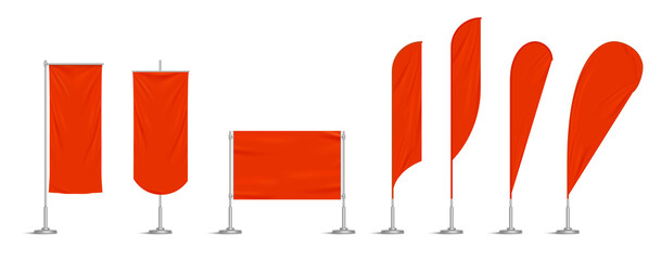 Red and black vinyl flags and set banners on metal pole. Vector realistic template of fabric promotion posters, advertising striped canvas pennants hanging on metal frame and stand