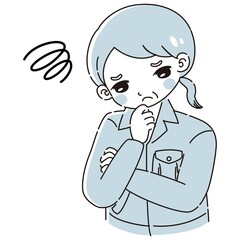 考え事をしている作業服を着たシニア女性のイラスト