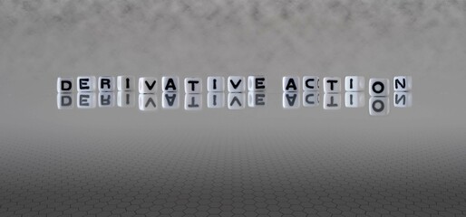 derivative action word or concept represented by black and white letter cubes on a grey horizon...