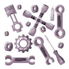 Garage maintenance symbol set of wrench screw bolt nut mechanical automotive engine illustration
