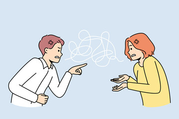 Couple fight involved in toxic relationship blaming each other. Man and woman argue lead to breakup or divorce. Relation problem. Vector illustration. 