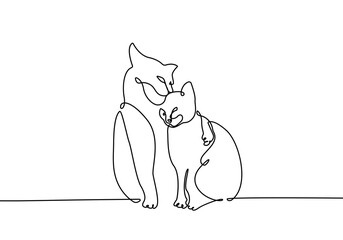 Cats Couple Continuous Line art Drawing. Vector Line Drawing of Cute Cats Black Sketch Isolated on White Background. Minimal Abstract Animal Illustration for Modern Graphic Design. Vector EPS 10