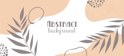Fototapeta na wymiar Abstract Long Banner with Leaves and Organic Shapes. Minimal Botanical Background with Leaves and Copy Space for Text. Floral Banner Template. Vector EPS 10