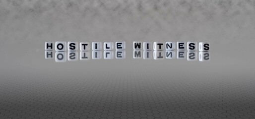 hostile witness word or concept represented by black and white letter cubes on a grey horizon...
