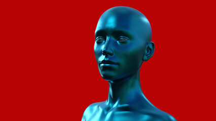 3d illustration. Portrait of a blue bald woman on a red background. 