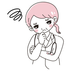 腕を組んで悩む白衣を着たシニア女性のイラスト（聴診器付き）