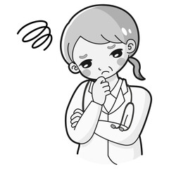 腕を組んで悩む白衣を着たシニア女性のイラスト（聴診器付き）