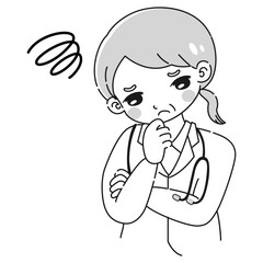 腕を組んで悩む白衣を着たシニア女性のイラスト（聴診器付き）