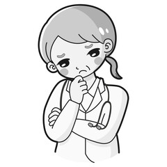 腕を組んで悩む白衣を着たシニア女性のイラスト（聴診器付き）