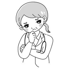 腕を組んで悩む白衣を着たシニア女性のイラスト（聴診器付き）