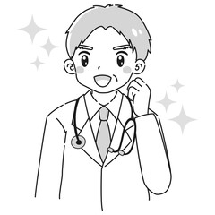 ガッツポーズをする白衣を着たシニア男性のイラスト（聴診器付き）