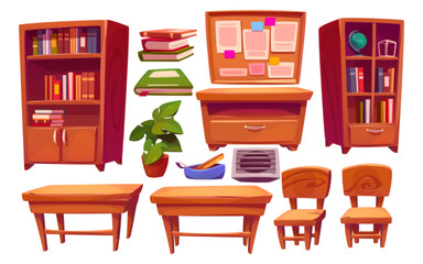 Classroom interior set, school or college class furniture, student desks and chairs, schedule board hanging and books in cupboard, objects of room for studying, Cartoon vector isolated illustration