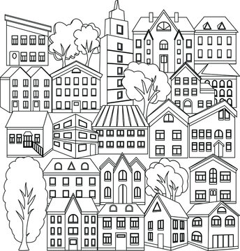 Vector coloring city, houses, trees. Coloring house. For print and web.