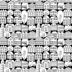 Vector pattern city, houses, trees. Monochrome pattern. For the hell and the web.