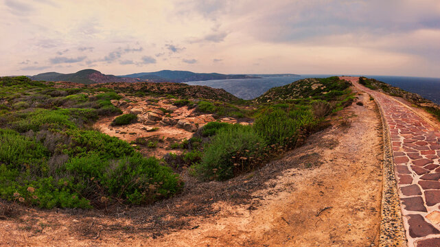 Suggestive panoramic sunset at mediterranean landscape with typical scrub and pathway at wilderness area with green hills and cliffs overlooking  blue sea