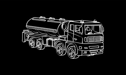 Cistern truck, side view. Commercial vehicles. Heavy special transport for transportation of oil, gasoline, liquid fuel. Wheeled powerful fuel tanker. Logistics business. Tank truck. Sketch