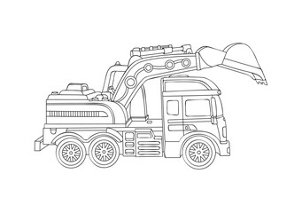 Excavator, side view. Commercial vehicles. Heavy special transport for construction works. Wheeled powerful excavator for digging pits, trenches. Construction business. Sketch, linear drawing