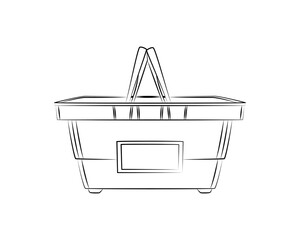 Empty plastic shopping basket. Supermarket food basket. Visiting grocery store to purchase goods, food and drinks. Days of promotions and sales. Sketch, linear contour drawing in minimalist style