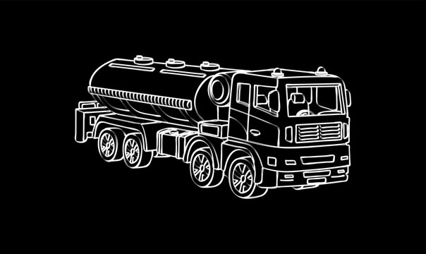 Cistern truck, side view. Commercial vehicles. Heavy special transport for transportation of oil, gasoline, liquid fuel. Wheeled powerful fuel tanker. Logistics business. Tank truck. Sketch