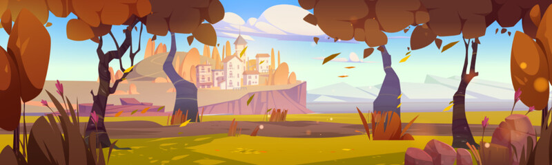 Autumn mediterranean landscape with city on island in sea harbor, trees with orange leaves and mountains on horizon. Vector cartoon illustration of fall scene with forest and town on lake coast