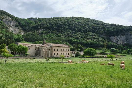 Monastery of Santa María la Real de Iranzu surrounded by mountains in the valley of Yerri, Navarra, Spain