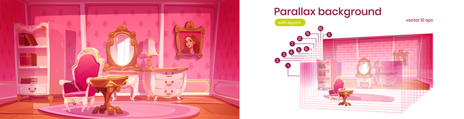 Parallax background pink princess living room. Cozy apartment interior with elegant retro furniture, cupboard, chair, table and mirror separated layers ready for animation, Cartoon vector illustration © klyaksun