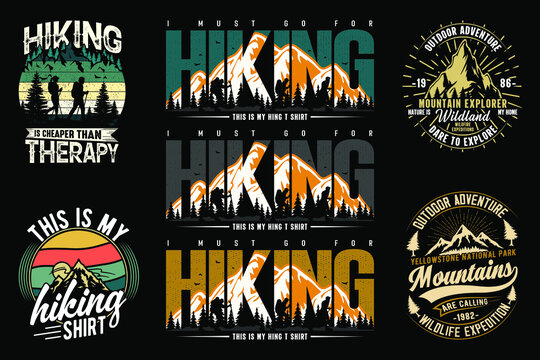 Hiking T-shirt Design Vector Bundle, Mountain Hiking T Shirt Vector Element Set, Vintage Adventure Custom T-shirts