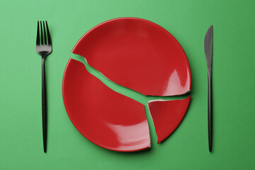 Pieces of broken ceramic plate and cutlery on green background, flat lay