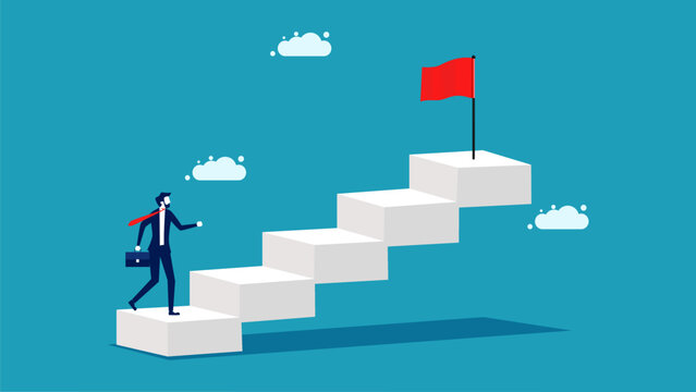 businessman walking up the stairs to grab a red flag. vector illustration eps