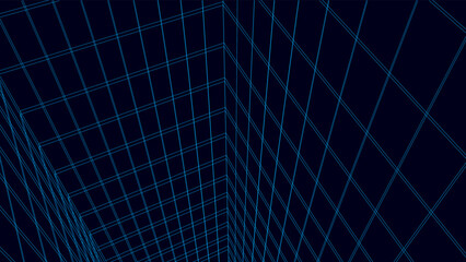 Futuristic digital grid box blue background. Wireframe network abstract technology line. 3d perspective. Vector illustration.