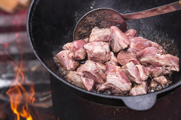 Recipe for potatoes with meat and vegetables in a cauldron in nature. Cooking. Cooking recipes. Step-by-step photo instruction on cooking.