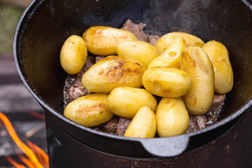 Recipe for potatoes with meat and vegetables in a cauldron in nature. Cooking. Cooking recipes....