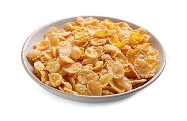 Bowl of tasty crispy corn flakes isolated on white