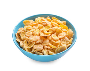 Bowl of tasty crispy corn flakes isolated on white