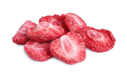 Pile of freeze dried strawberries on white background
