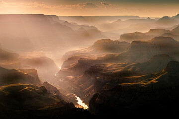 Grand Canyon south rim at sunset with Colorado River, Arizona