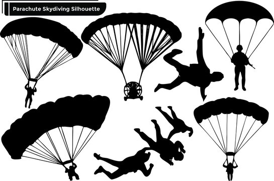 Hang Gilder Or Parachute Skydiving Of Black Silhouette Set On White Background 