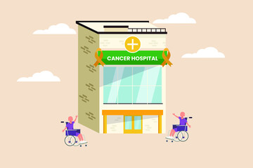 Children with cancer sitting in wheelchair at hospital. Childhood cancer awareness month concept. Flat vector illustration isolated.