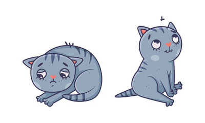 Cute funny gray cat in different activities. Lovely pet animal lying and sitting cartoon vector illustration