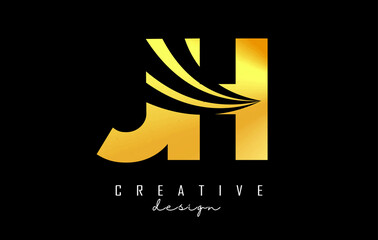 Creative golden letters JH j h logo with leading lines and road concept design. Letters with geometric design.