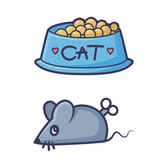 Cat dry food bowl and gray mouse cartoon vector illustration