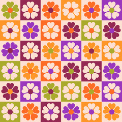 Vintage stylised flowers, placement by grid. Cheerful floral surface design print in old school 60s, 70sColorful retro background. Geometric abstract seamless pattern .
