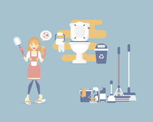 Female house cleaner, woman holding toilet brush and sponge, cleaning toilet, bathroom with mop, broom, bin, bucket, spray, chore concept, flat character design clip art vector illustration cartoon