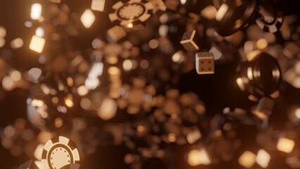 Golden poker chips and dice are falling in slow motion. Online casino betting or blackjack gambling concept. Luxury background - Powered by Adobe