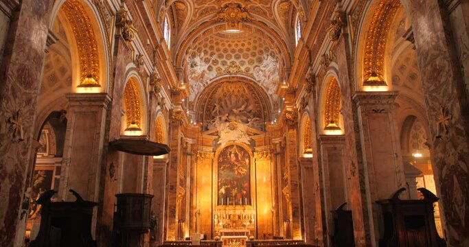Nave And Interior Of San Luigi dei Francesi Roman Catholic Church In Rome, Italy. - tilt up